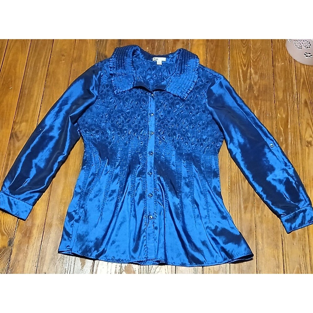 Puli Blouse Metallic Shiny Blue  Button down long sleeve Large NWOT